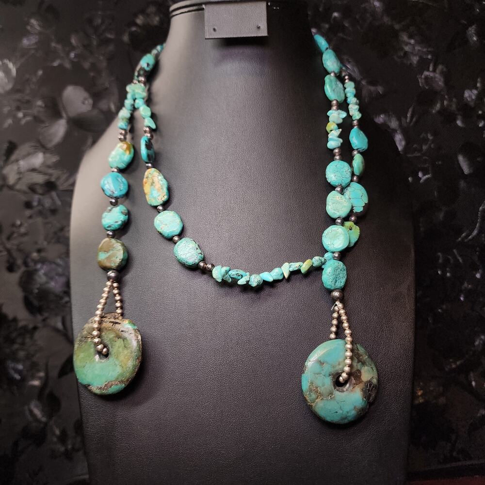 Hubei Turquoise Nugget Lariat Wrap Necklace Sterling Silver Desert Pearls - Picture 5 of 9